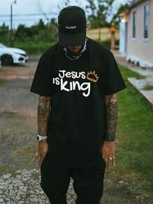 Manfinity EMRG 男款皇冠標語印花 T 卹 大尺碼 - 黑色 - 查看 1