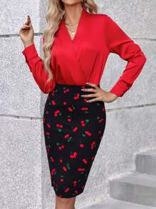 SHEIN Clasi Spring Festival Women's Cherry Printed Patchwork Wrap Neck Two Piece Set - Multicolor - View 2
