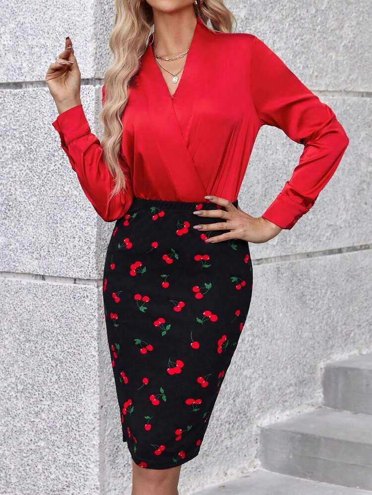 Spring Festival Women's Cherry Printed Patchwork Wrap Neck Two Piece Set