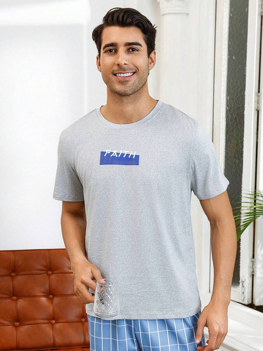 Men'S Short Sleeve Home Service Letter Print Top - Grey - View 1