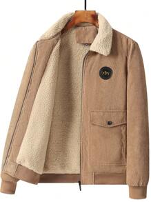男式灯芯绒夹克，带贴片装饰和保暖衬里 - 卡其色 - 查看 1