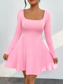 SHEIN PETITE Women's Square Neck Long Sleeve Dress - Pink - View 1