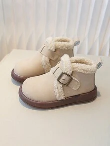 冬季休閒運動風格鬆軟內襯舒適保暖皮質踝靴兒童款 - 米色 - 查看 1