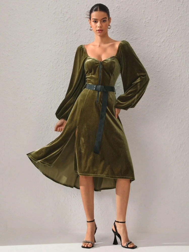 Designer Women's Velvet Sweetheart Neck Lantern Sleeve Dress,Elegant Dress,Fall New Year Eve Outfit, For Autumn & Winter, Holiday, Party