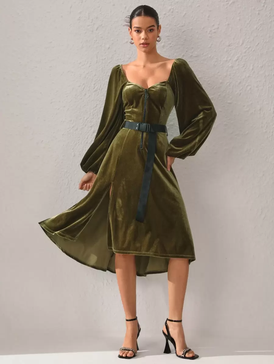 Brittney Do 设计师女士天鹅绒甜心领灯笼袖连衣裙，优雅连衣裙，秋季新年夜服装，适合秋冬季、节日、派对 - 綠色 - 查看 1