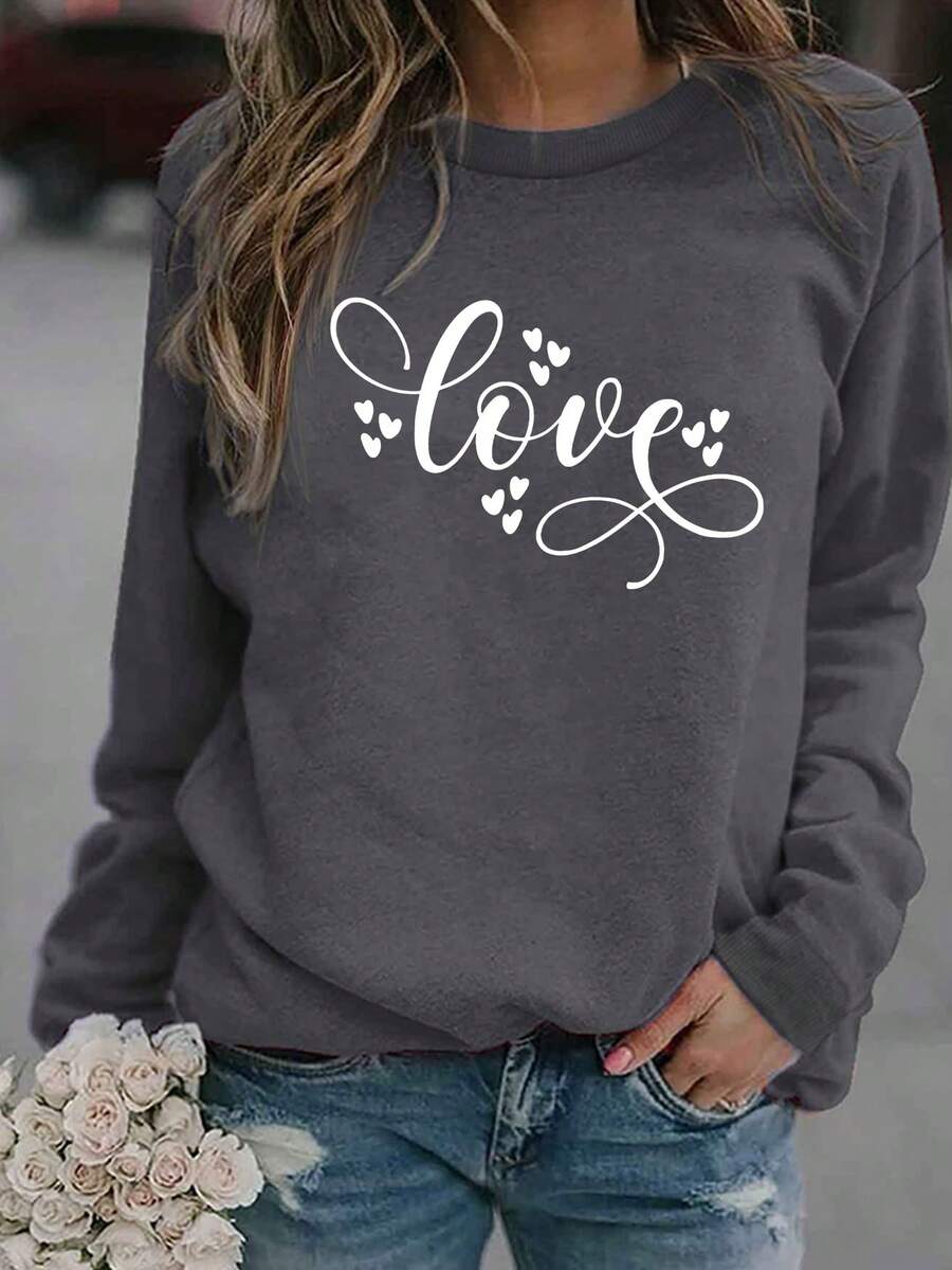 女性休閒簡約心形和字母印花圓領運動衫 - 深灰色 - 查看 1