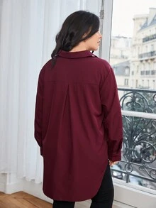 SHEIN Essnce Hơn Chất rắn Nút phía trước Áo sơ mi - Màu Đỏ Sâu - Xem 2
