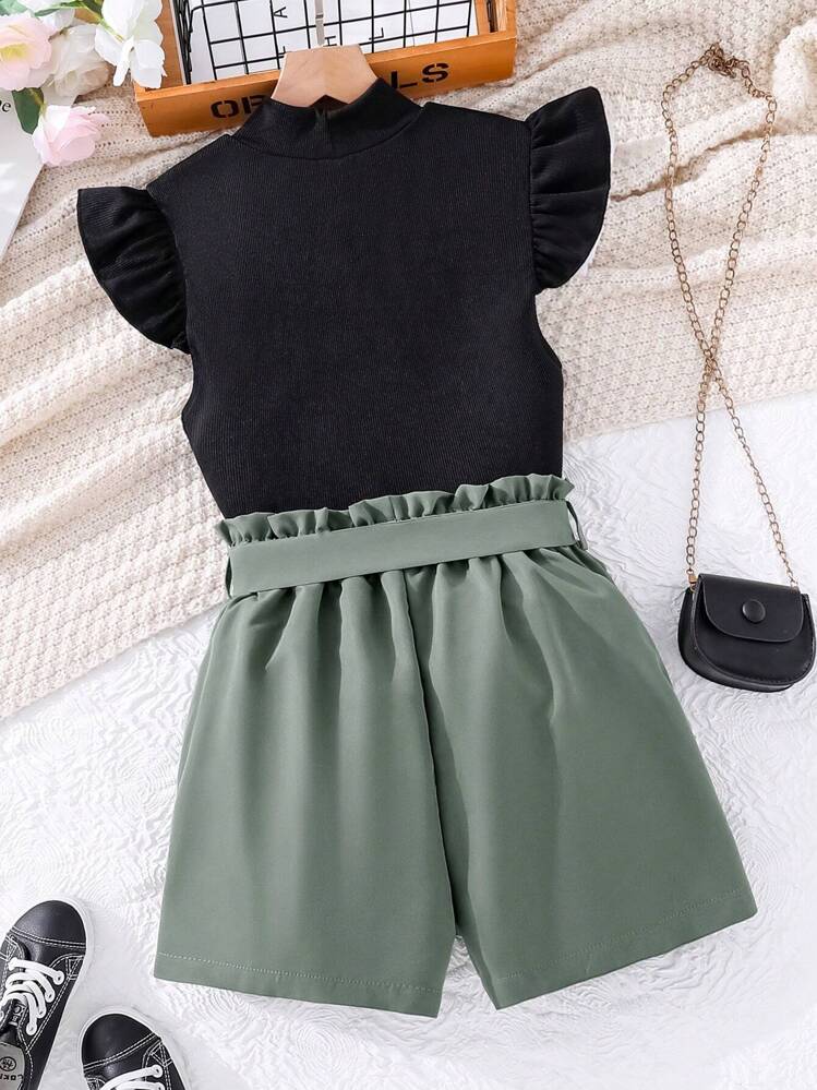 SHEIN Explorewe Teen Girls' Casual Style 2pcs Cap Sleeve T-Shirt And Shorts Set - Black - View 2