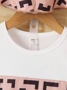 SHEIN 3入組幾何圖案拼接圓領短袖T恤和短褲配桶帽套裝，適用於年輕男孩，夏季