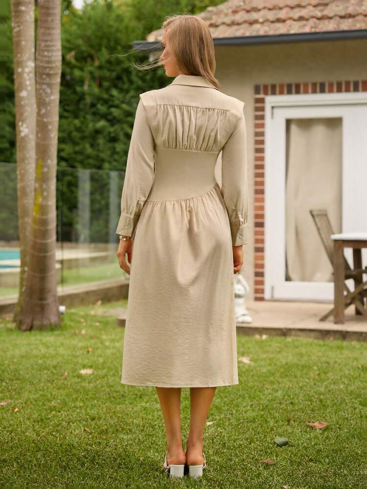 Button Closure Cinching Waist Long Sleeve Dress