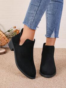 女式純色粗跟尖頭休閒英倫風舒適踝靴和短靴,黑色 - 黑色 - 查看 4