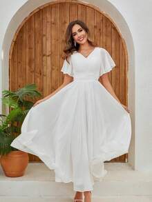 Vestido De Novia Francés Simple Con Cuello En V Y Manga Corta - Blanco - Ver 3