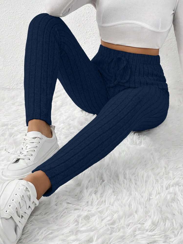 SHEIN Frenchy Solid Color Ribbed Knit Leggings Winter Casual Blue - Royal Blue - View 1