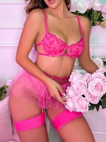 Conjunto De Lencería Sexy De San Valentín Bordado De Malla Y Encaje