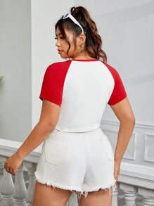 SHEIN EZwear 情人節針織拼接大尺碼女士網球短袖T恤 - 紅白色 - 查看 2