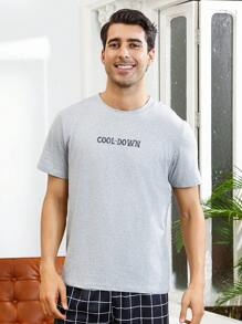Men'S Letter Printed Short Sleeve Home Wear Top - Grey - View 4