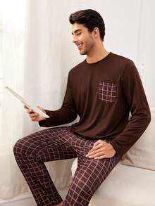 男士口袋t恤和格紋褲家居套裝 - 彩色 - 查看 6