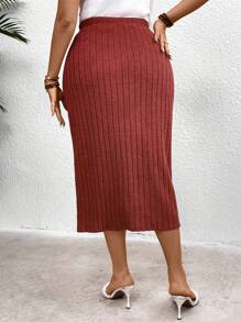 Calvaya 大碼條紋針織前開襟分叉裙 - 紫紅色 - 查看 2