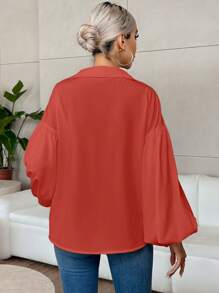 SHEIN Privé Women's Elegant Resort & Office Stylish Lantern Sleeve Button V-Neck Polka Dot Print White Shirt Old Money Quiet Luxury Fall Clothes Work Women Blouses Fall Blouses - Red - View 2