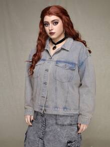 ROMWE PUNK 大尺碼女式復古下垂肩牛仔外套 - 棕色 - 查看 6