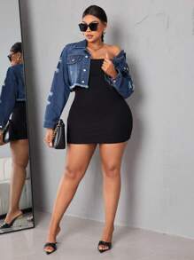 SHEIN SXY Kích thước lớn Của phụ nữ Ngắn Áo khoác denim Với Frayed Hem - Rửa tối - Xem 5