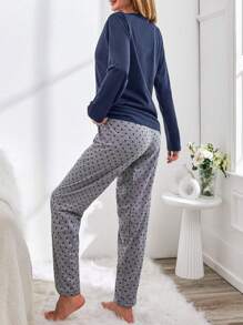 EURMUSE Heart & Slogan Graphic Tee & Pants Lounge Set - Black - View 2