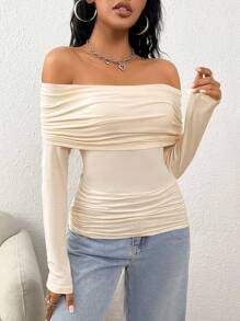 SHEIN EZwear 女士純色不對稱露肩t恤 - 米色 - 查看 4