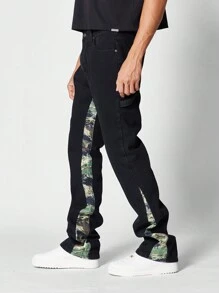 SUMWON Flare Fit Workwear Jean With All Over Print Panel - Black - View 1