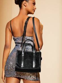 SHEIN SXY 女時尚經典黑色亮片頂部提把單肩包 - 黑色 - 查看 7