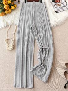 SHEIN LUNE 大尺碼純色彈性腰褲 - 淺灰色 - 查看 2