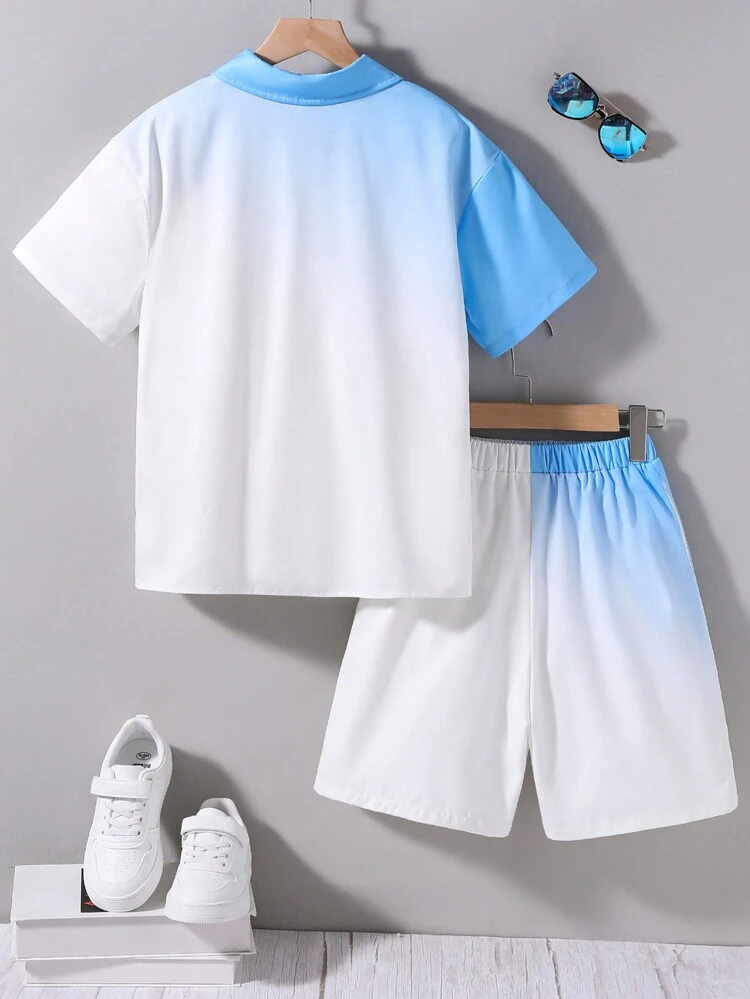 Tween Boys' Casual Gradient Patch Decor Turn-Down Collar Loose Short Sleeve Woven Shirt And Shorts Set, Summer