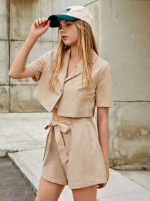 SHEIN EZwear Ladies' Khaki Color Weave Short Sleeves Suit Jacket And Shorts Set - Khaki - View 11