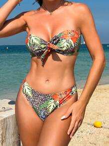 SHEIN Swim Women'S Three Piece Set Plant & Leopard Printed Bandeau Bikini Summer - Multicolor - View 5