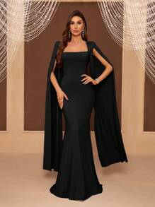 SHEIN Belle Adult Bridesmaid Dress With Split Sleeves, Square Neckline, Cinched Waist And Fish Tail Dress Black Elegant Extra Long Sleeve Formal Evening Prom Wedding Guest Gown, For Graduation, Dinner Party Dress - Black - View 1