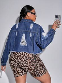 SHEIN SXY Plus Size Denim Jacket With Frayed Edges And Distressed Details - Blue - View 1
