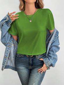 SHEIN EZwear Của phụ nữ Vòng cổ Ngắn tay Áo thun - màu xanh lá - Xem 6