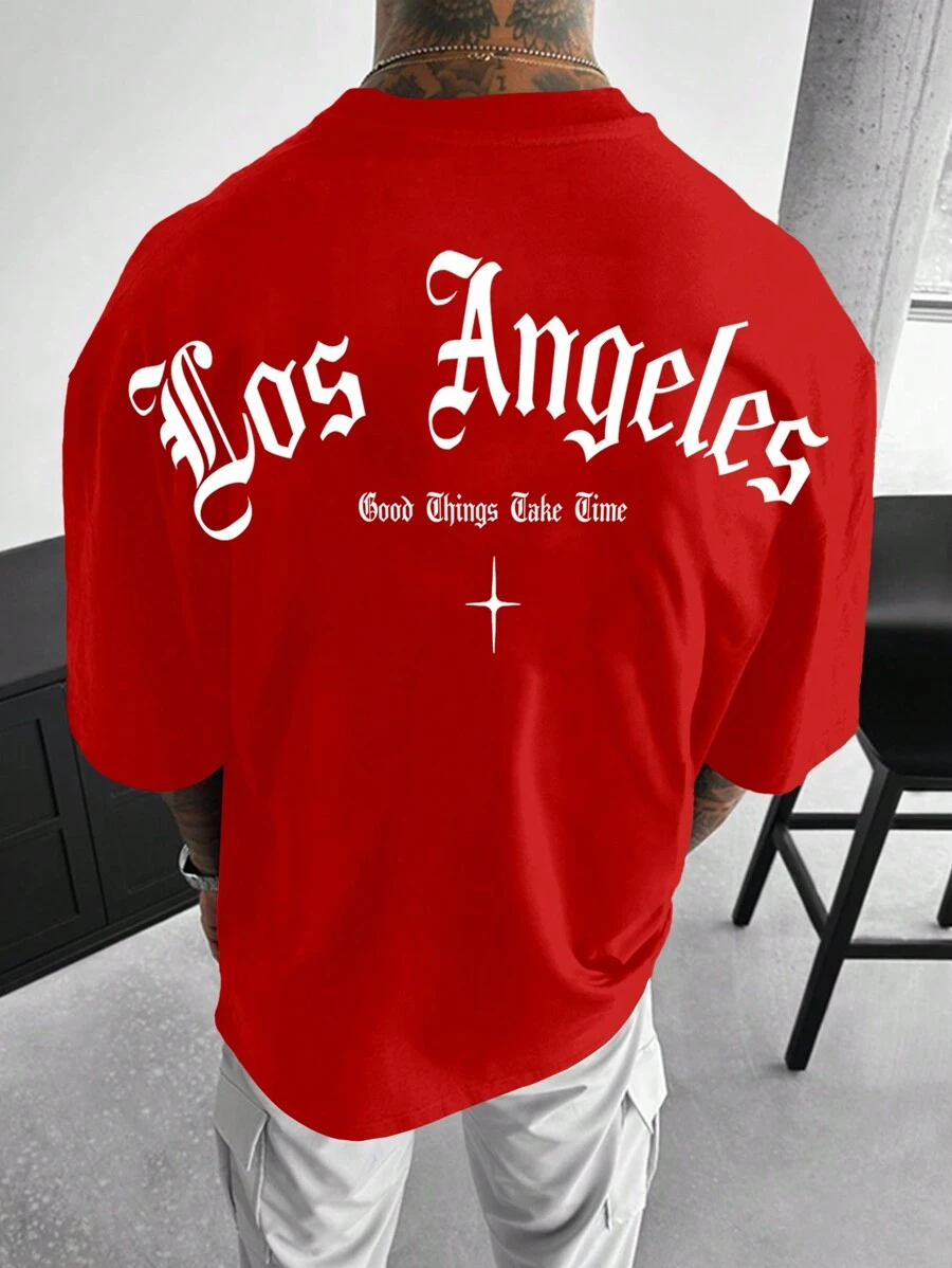 Manfinity EMRG 男士字母印花下滑肩t恤 - 紅色 - 查看 1