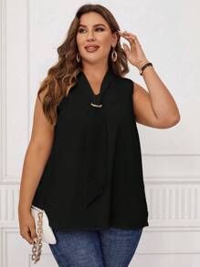 Miaspire Plus Size Women's Solid Color Bow Collar Sleeveless Blouse - Black - View 1
