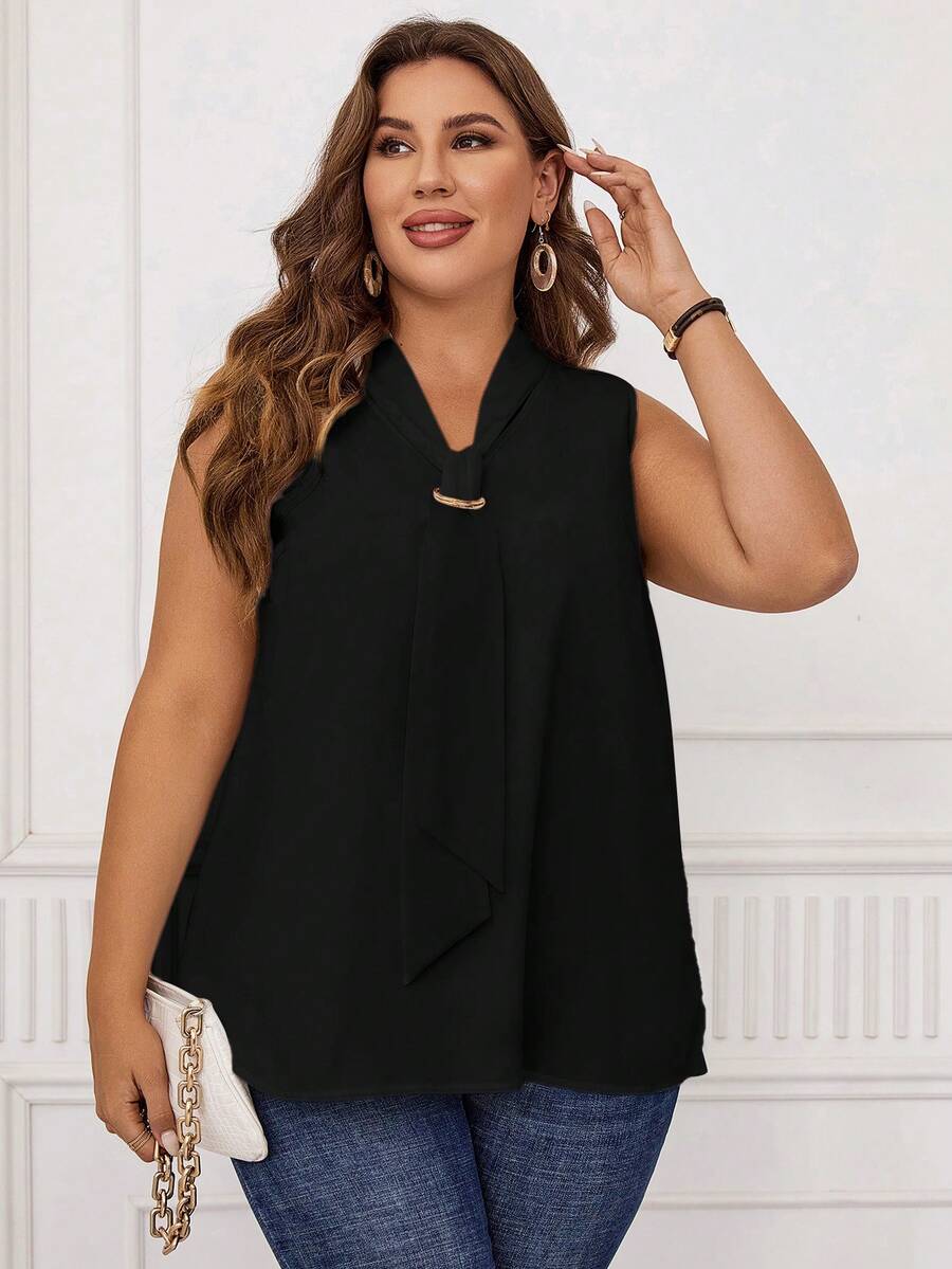 Miaspire Plus Size Women's Solid Color Bow Collar Sleeveless Blouse - Black - View 1