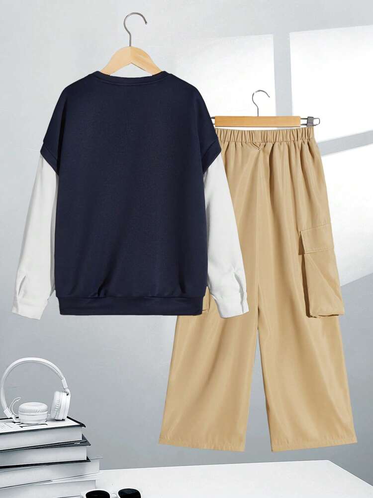 Tween Boys' Casual Printed Pattern & Colorblock Sleeve Woven Neck Pullover Sweater And Woven Pants Suit