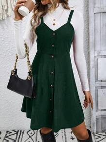 SHEIN LUNE 女款單排扣環扣吊帶連身裙 - 綠色 - 查看 4