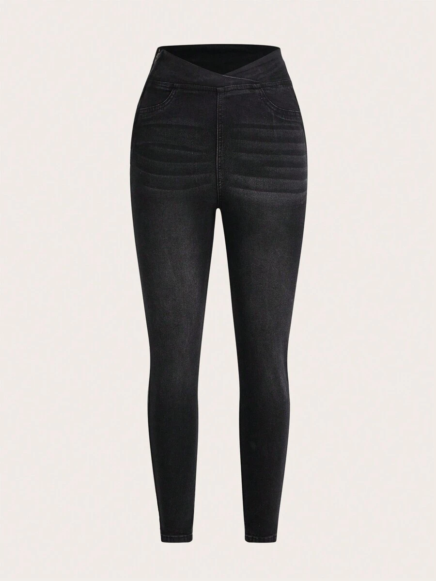 SHEIN ICON 女士高腰緊身牛仔褲 - 黑色 - 查看 1