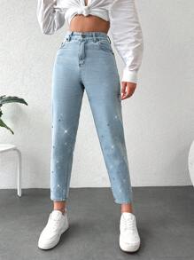 EURMUSE Rhinestone Detail Mom Fit Jeans - Medium Wash - View 1