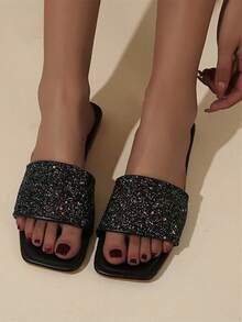 情人节新品闪亮女士平底凉鞋，黑色亮片系带鞋 - 黑色 - 查看 2