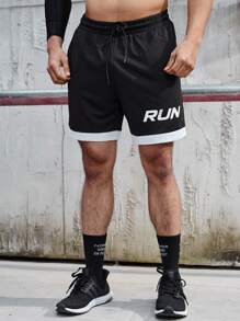 Gym Rark 男士抽绳腰带运动短裤，撞色字母图案慢跑短裤，黑色运动短裤 - 黑色 - 查看 4