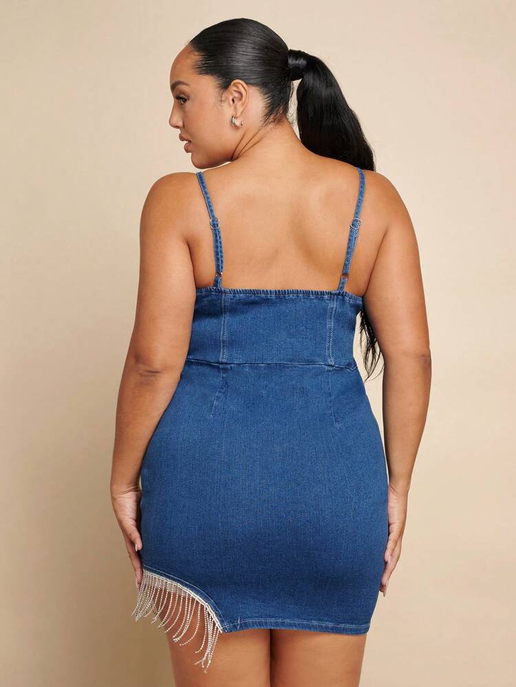 Plus Size Rhinestone Detail Fringed Hem Strappy Denim Dress