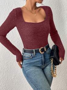 SHEIN Frenchy 女用甜心領口羅紋長袖 T 卹 - 紅色 - 查看 4