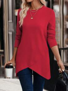 EMERY ROSE 不對稱下擺包裝描述圓領t恤 - 紅色 - 查看 1