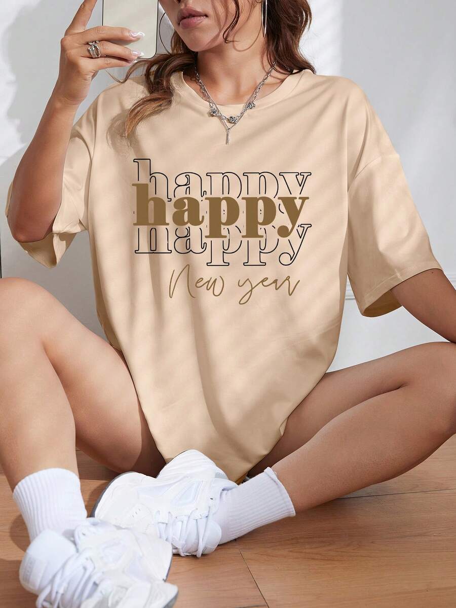 SHEIN EZwear Ladies' Chinese New Year Slogan Print T-Shirt - Apricot - View 1