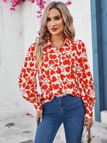 SHEIN Clasi Heart Print Long Sleeve Shirt - Red - View 4
